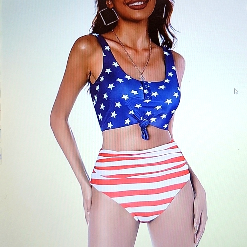 Zaful stars & stripes red white blue high waist bikini 2 pc swimsuit Medium NEW…